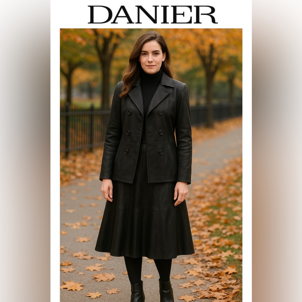 Danier Suit: Black Leather Jacket and matching Black Leather Skirt